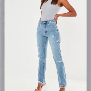 blue slim straight highwaisted thigh slash jeans